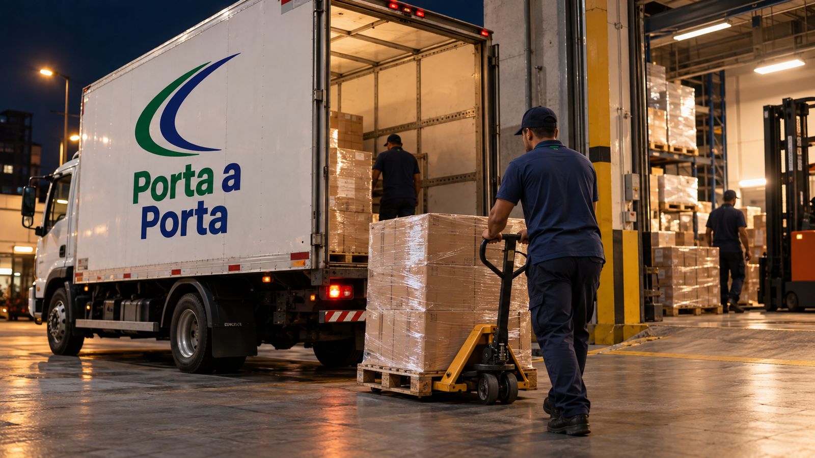 Caminhão da Porta a Porta carregando paletes na doca à noite