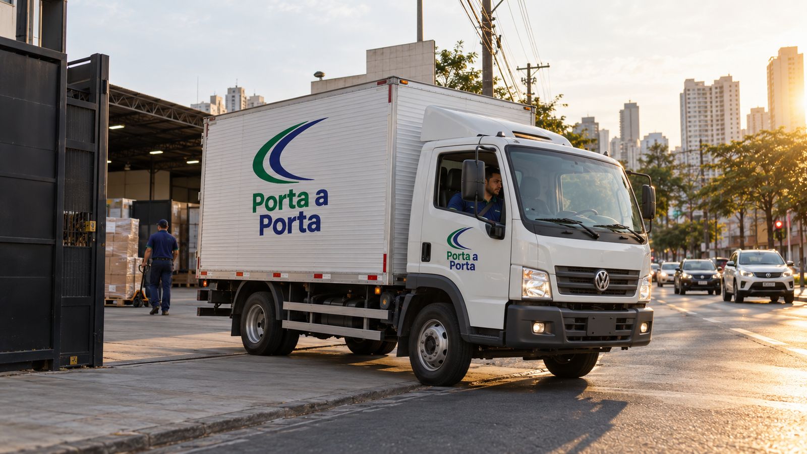 Caminhão urbano da Porta a Porta saindo para rota de e-commerce