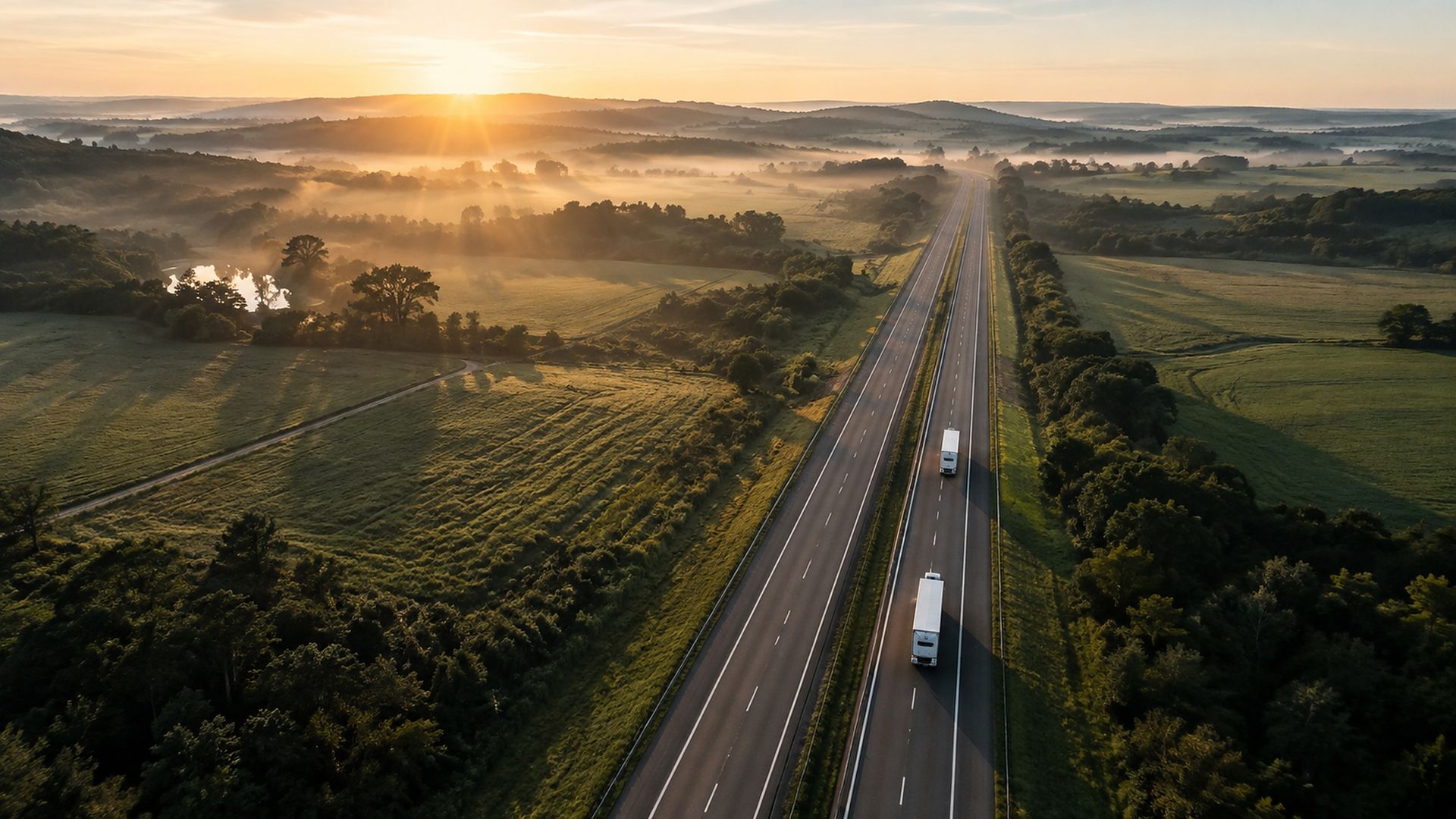 Rodovia vista do alto, com caminhões em trânsito