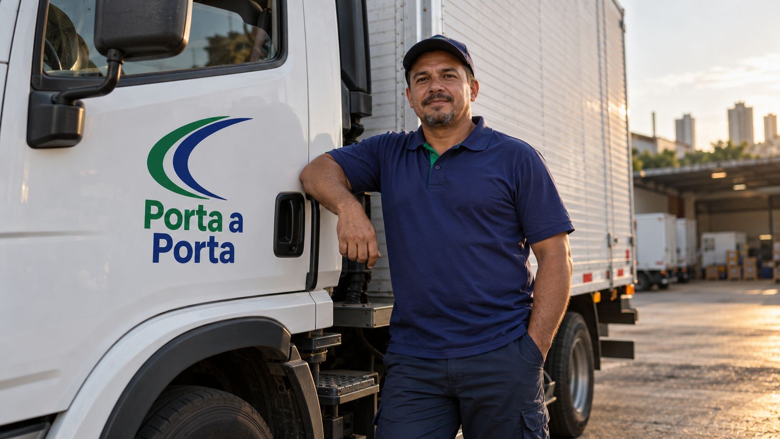 Motorista da Porta a Porta ao lado do caminhão