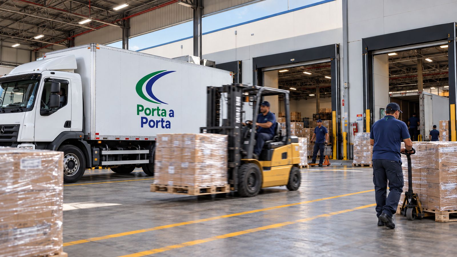 Paletes em staging diante das docas, com empilhadeira em movimento