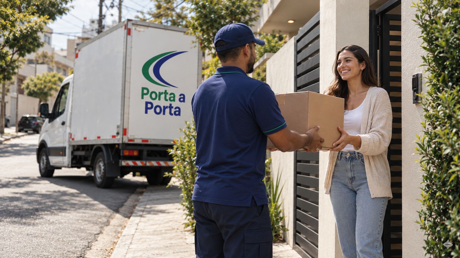 Entregador da Porta a Porta entregando uma caixa no portão da cliente
